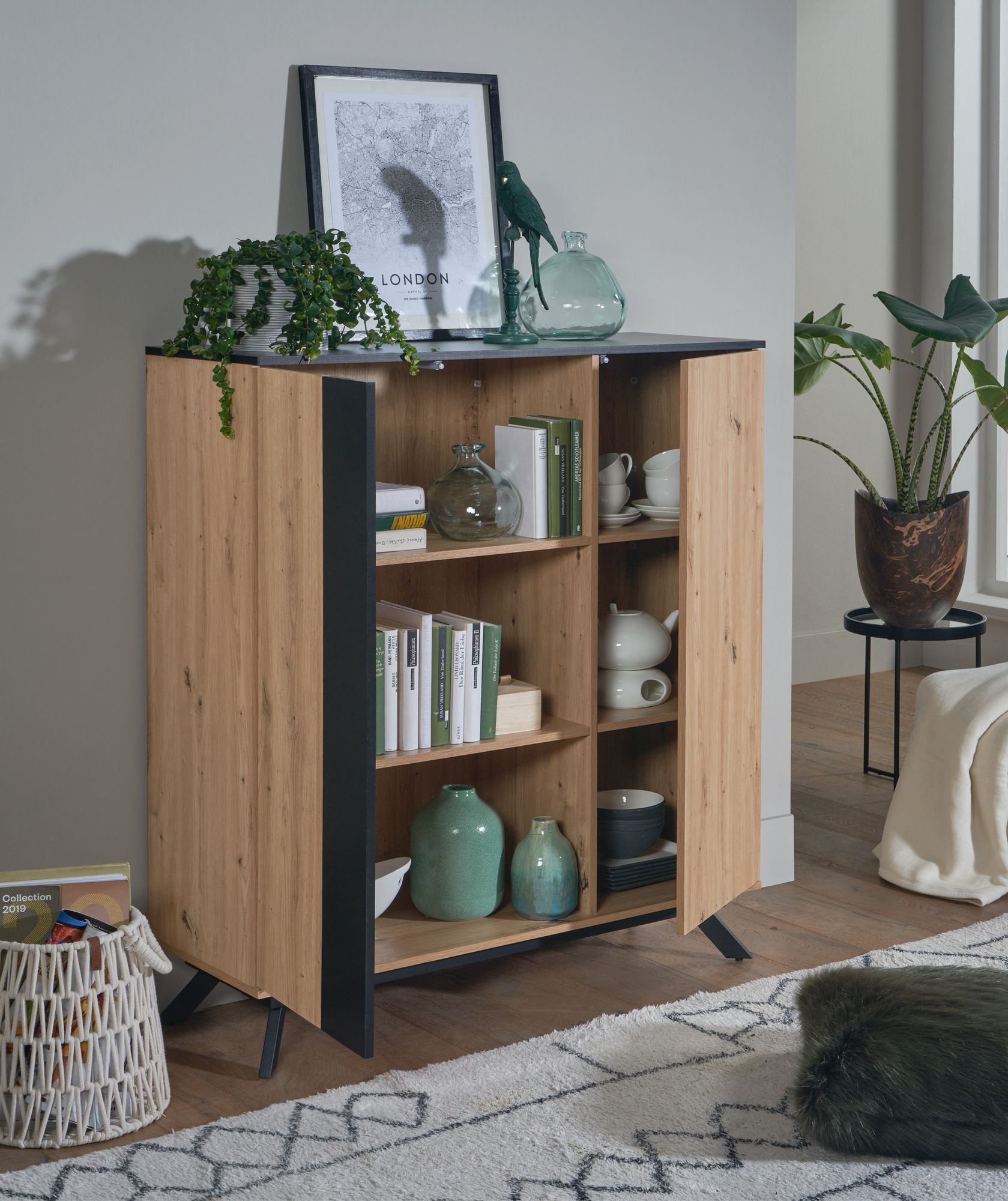 Highboard FineBuy Sideboard 110x125x40 cm MDF Eiche Dekor Kommode Anrichte