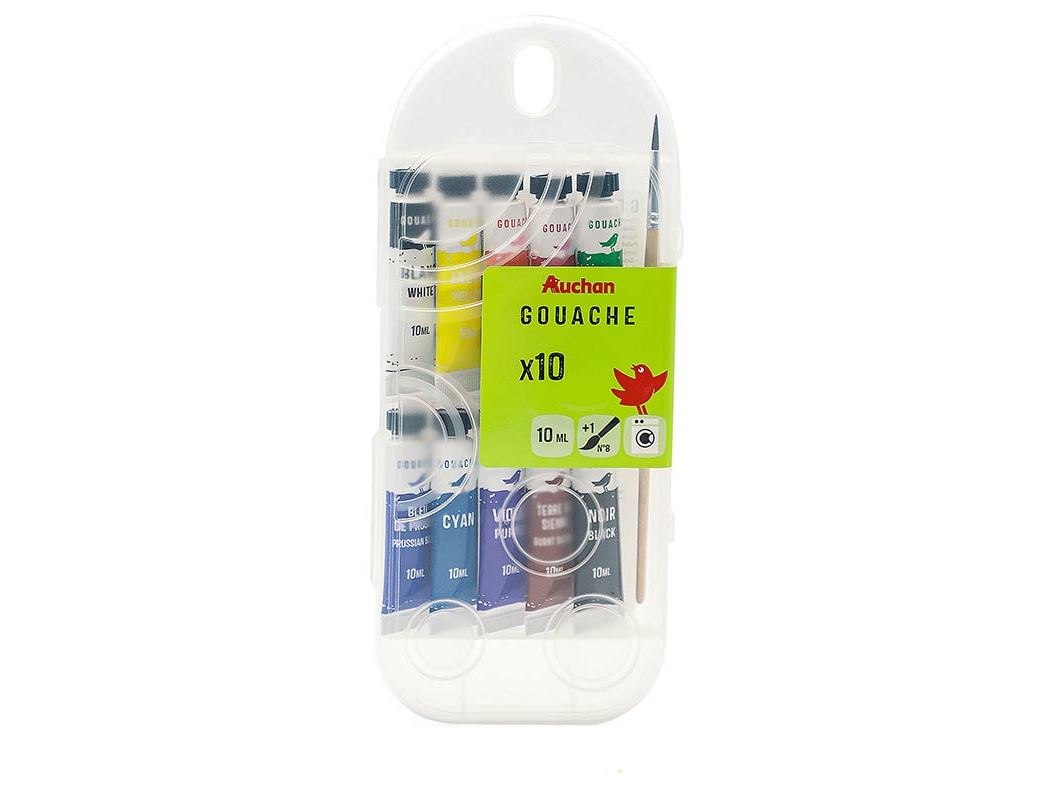 CONJUNTO DE 10 TUBOS DE GUACHE E PINCEL Nº8 AUCHAN 10ML