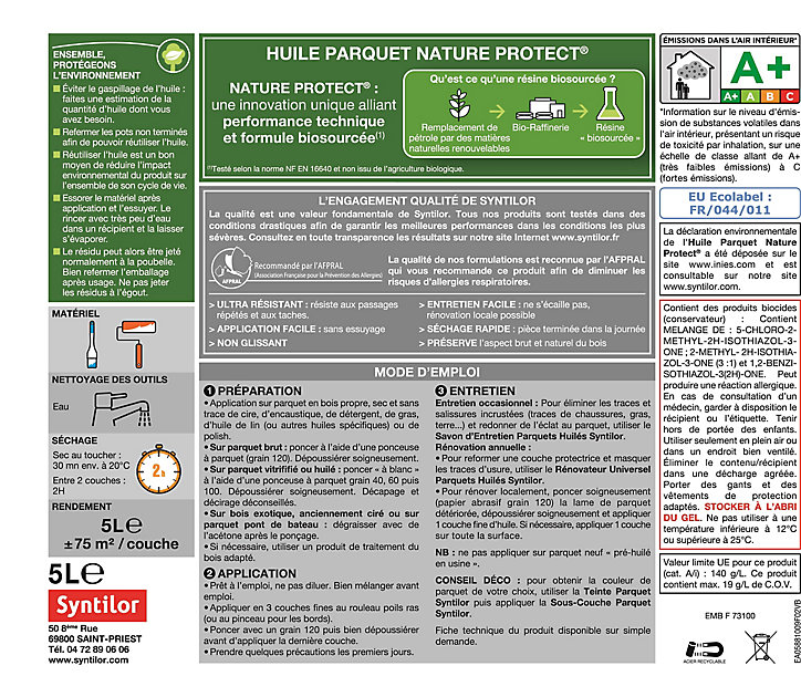 Huile Parquet Syntilor biosourcée Nature Protect incolore 5L
