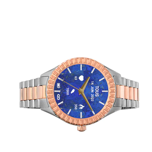 Relógio inteligente T-Bear Connect com pulseira de aço inoxidável e acabamento em aço inoxidável com revestimento IP em ouro rosa.