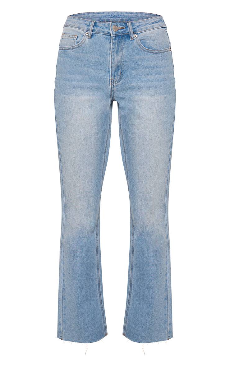 Mid Blue Wash Jean Droit Bleu Moyen Recadré À Ourlet Brut