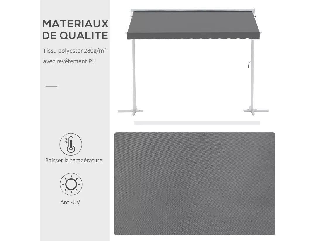 Store double pente manuel rétractable inclinaison réglable acier époxy blanc polyester imperméabilisé anti-UV gris dim. 3L x 2,95l x 2,6H m