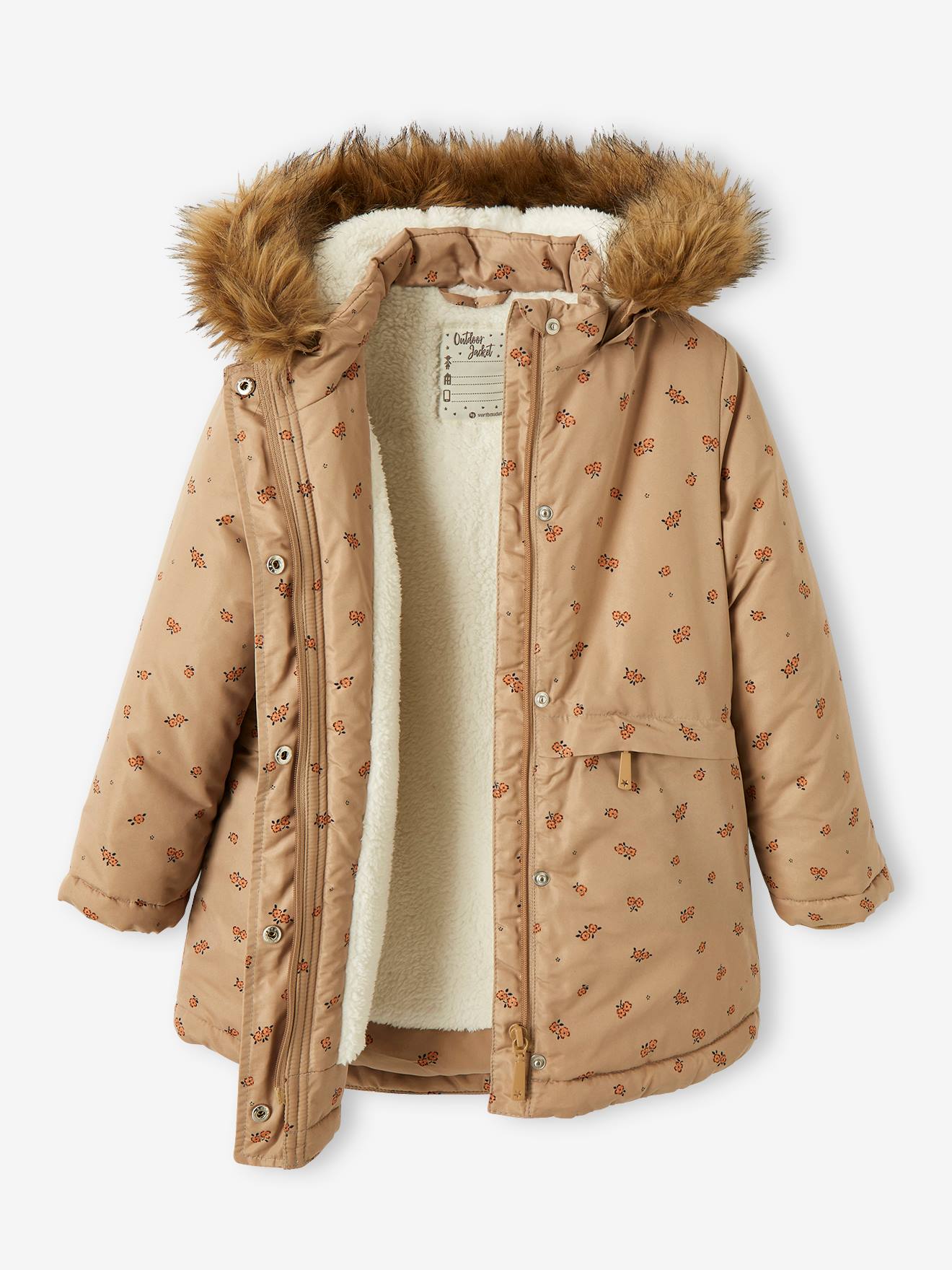Parka azul-escura estampada com capuz e forro de sherpa para meninas