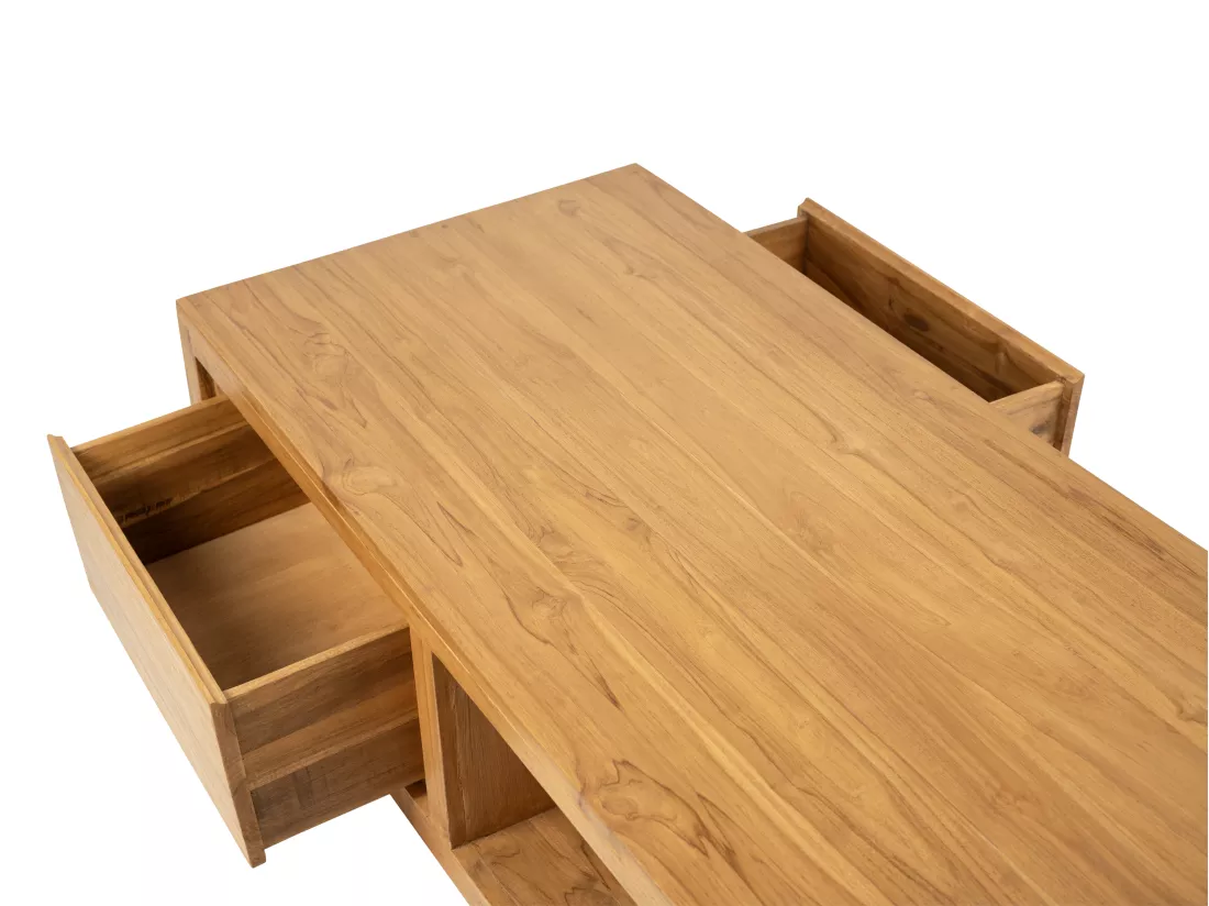 Table basse avec 2 tiroirs et 1 niche en bois de teck - Naturel - ALEMIA