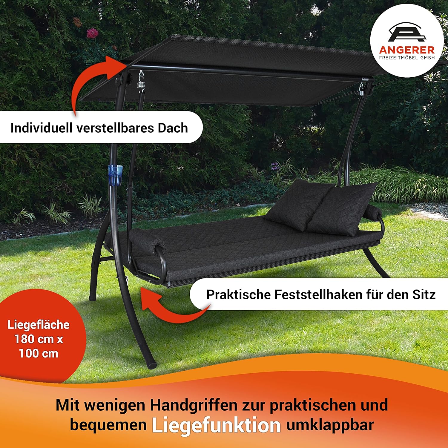 Angerer Hollywoodschaukel Elegance Joy – Schaukel zum Sitzen, Liegen & Entspannen, inkl. Bett-Funktion, einfache Montage, Made in Germany, hochwertiger Stoff, Dunkelgrau
