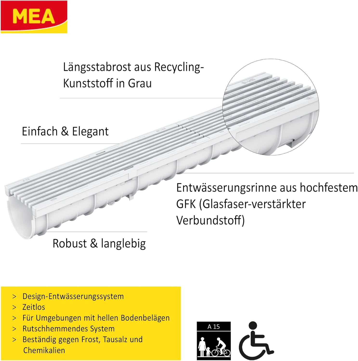 MEA Entwässerungsrinne DECOLINE aus GFK, 6er Pack (6x1m) mit Längsstabrost aus Kunststoff in steingrau mit Zubehör - Entwässerungssystem für Terrassen, Schwimmbäder, Garageneinfahrten, Fußgängerzonen