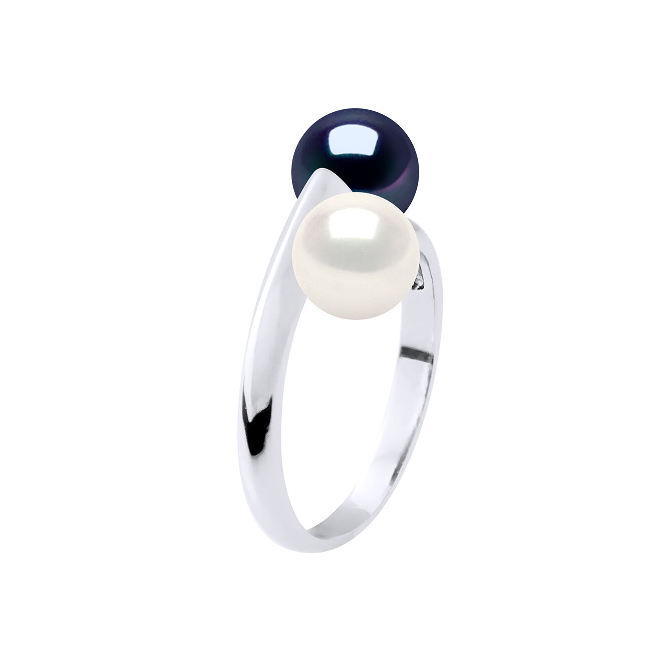 Mitzuko Bague Toi & Moi Argent et Perles d'Eau Douce rondes blanc/noir