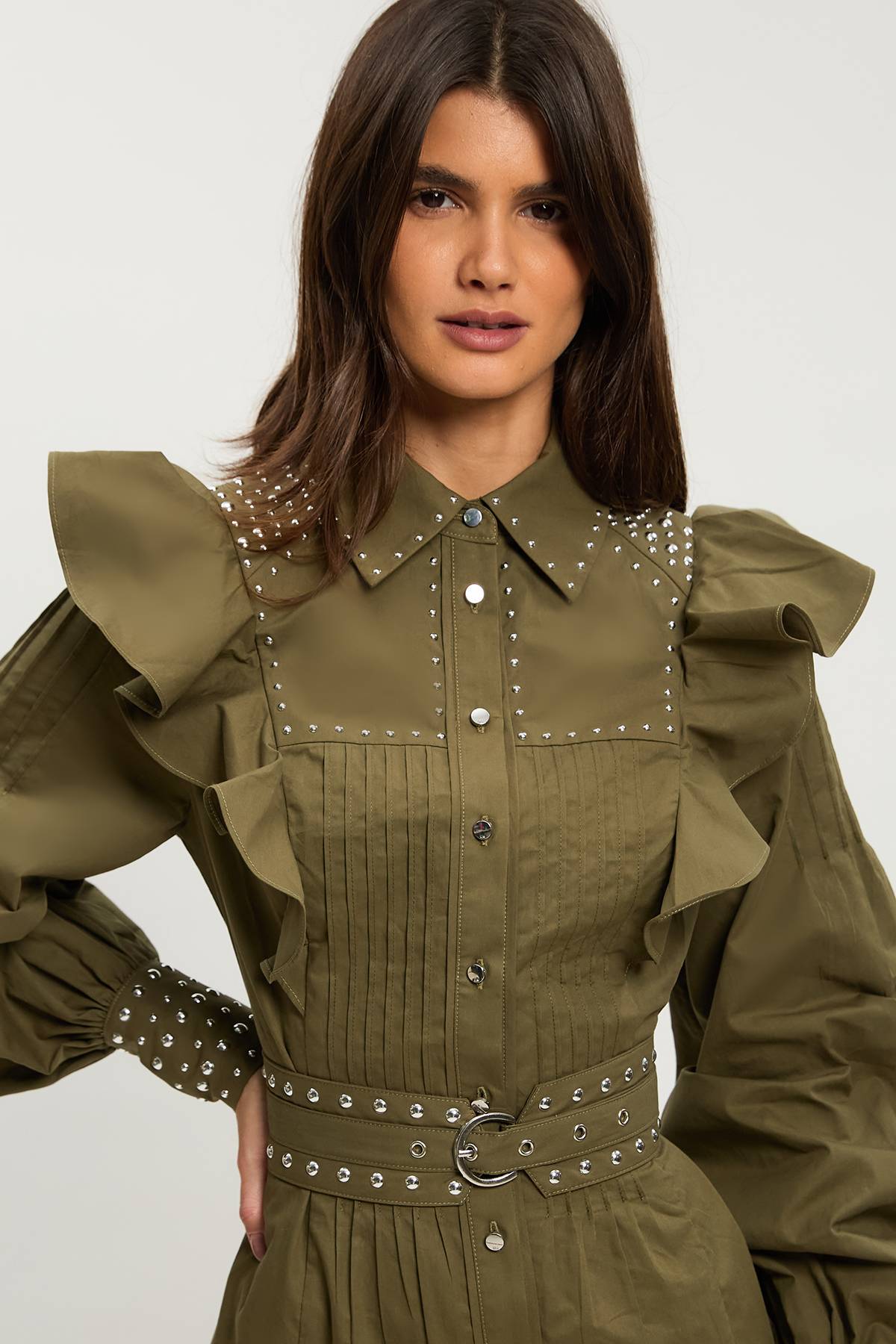 KarenMillen Robe Chemise Maxi En Coton Sateen À Manches Bouffantes Brodées Et Ceinture Cloutée