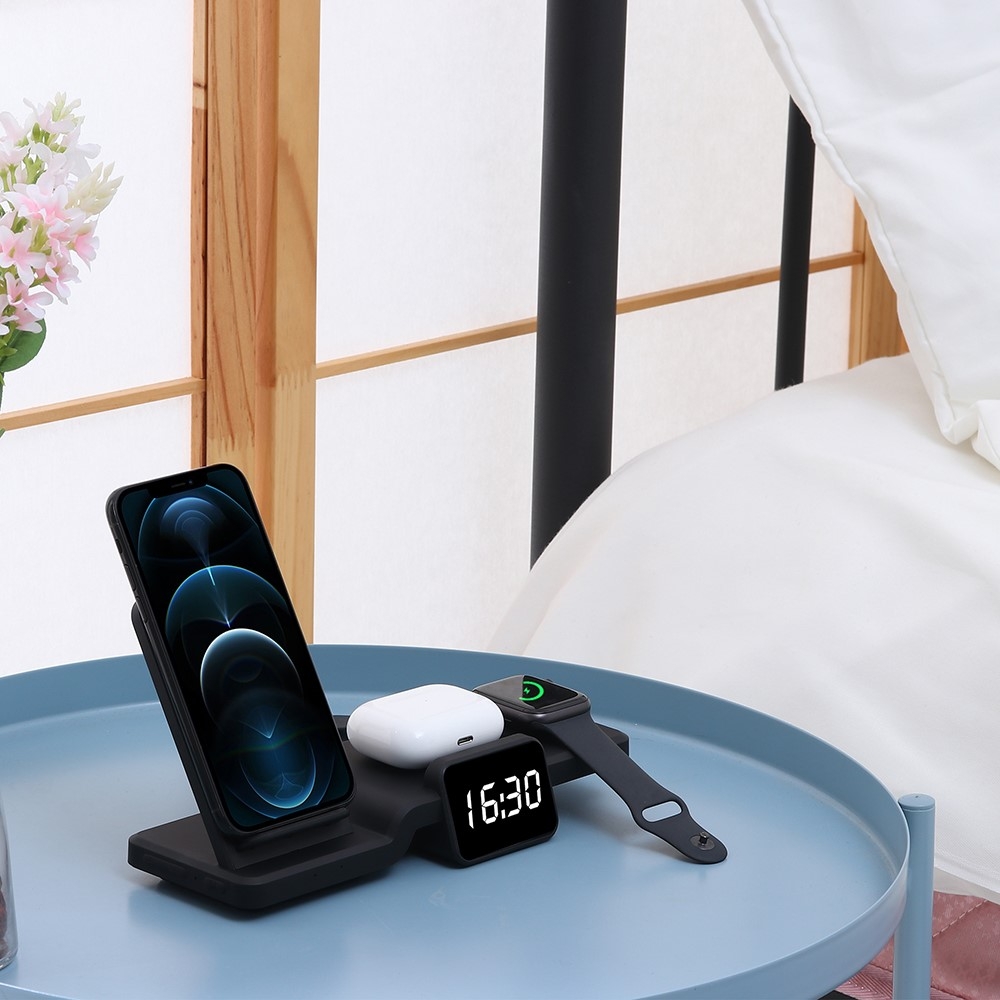 (15W) 4in1 Qi Wireless Fast Charging Ladegerät Ständer Dockingstation Apple Watch / Smartphone / AirPods mit Zeitanzeige - Schwarz