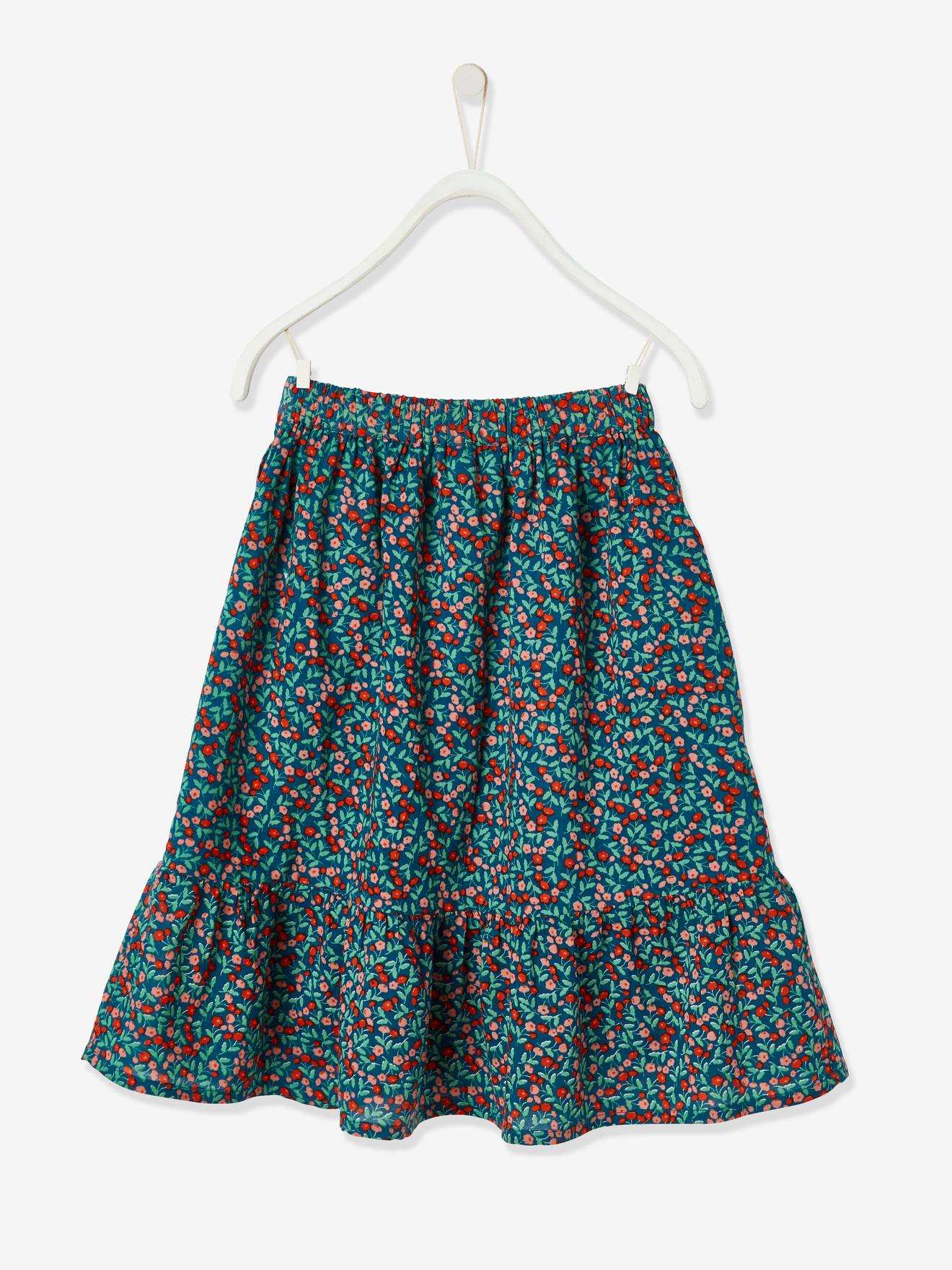 Saia longa com babado estampado em azul médio