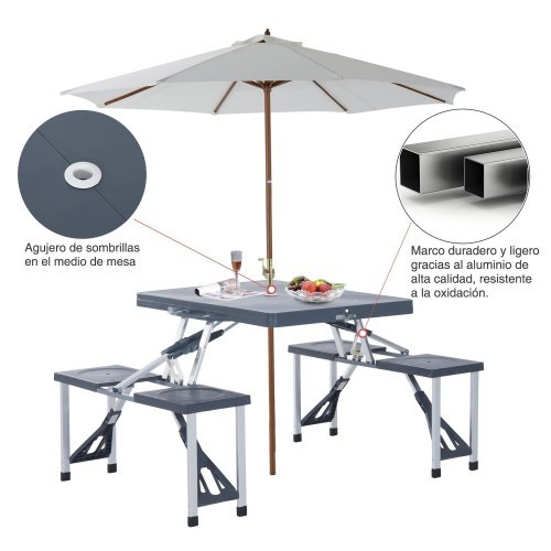 Mesa portátil Outsunny com 4 lugares e orifício para guarda-sol