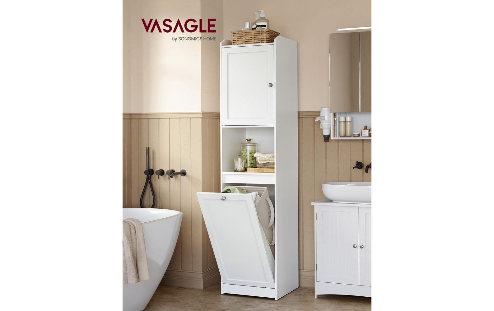 Badezimmerregal 40 x 170 cm, Weiss<br>Badezimmerschrank mit Wäschekorb