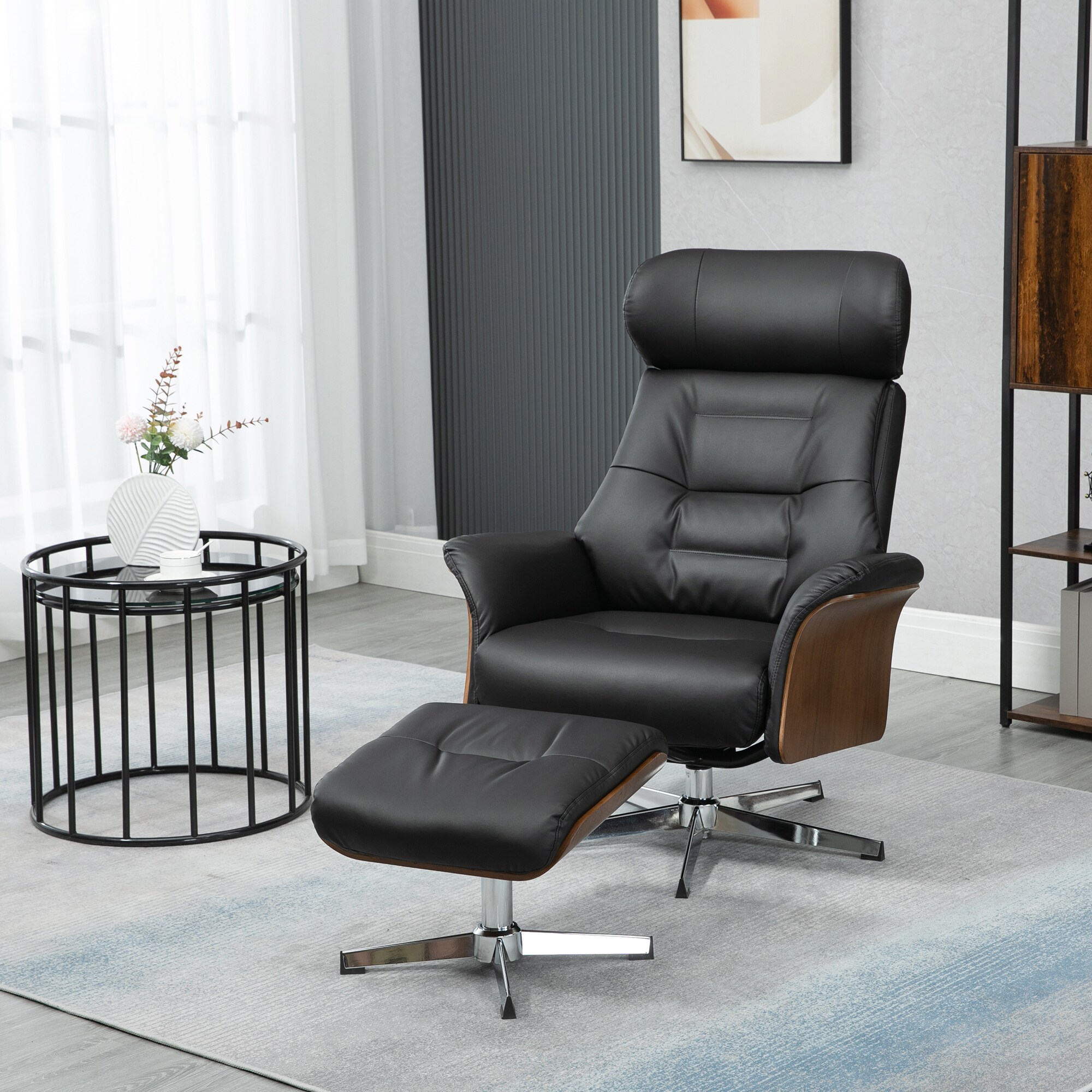 HOMCOM Liegestuhl mit Armlehne und Fußhocker schwarz 80L x 84B x 108H cm