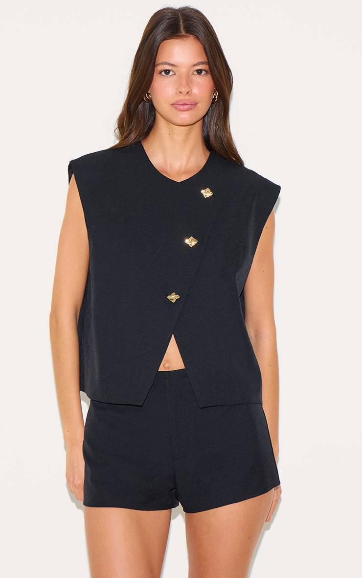 Noir Ensemble Coordonné Gilet Oversize À Passepoil Doré