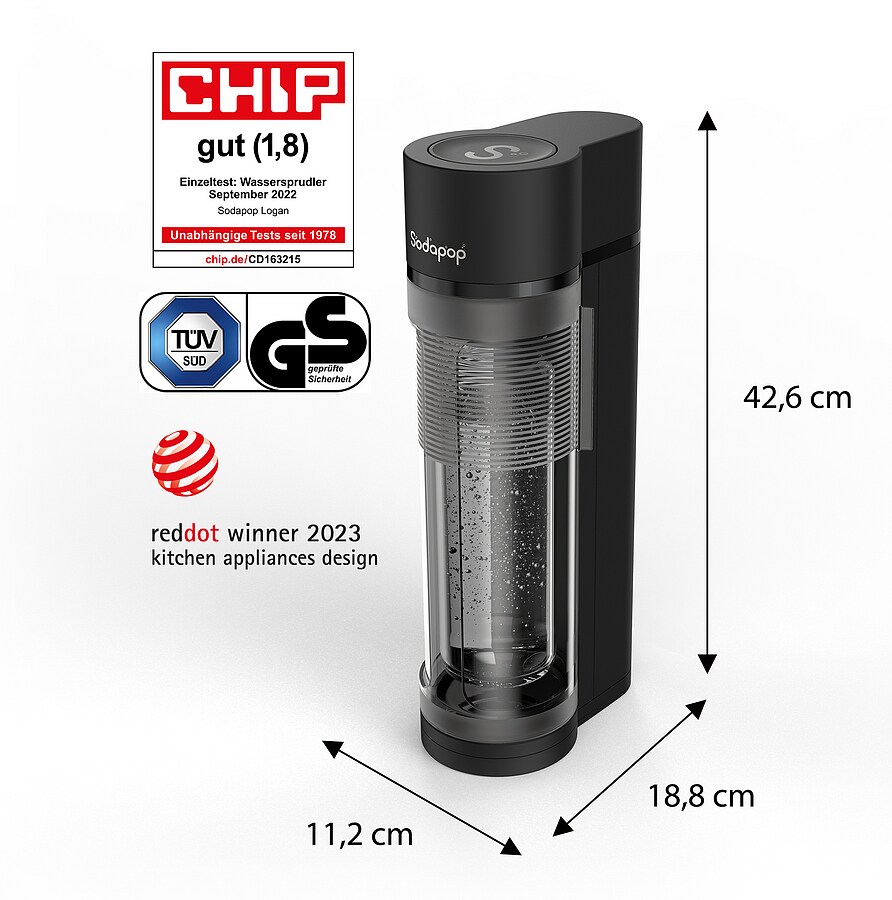 SODAPOP Wassersprudler Logan matt schwarz, 1x 850ml + 1x 600ml Glas + 1x 850ml PET, OHNE CO² Zylinder