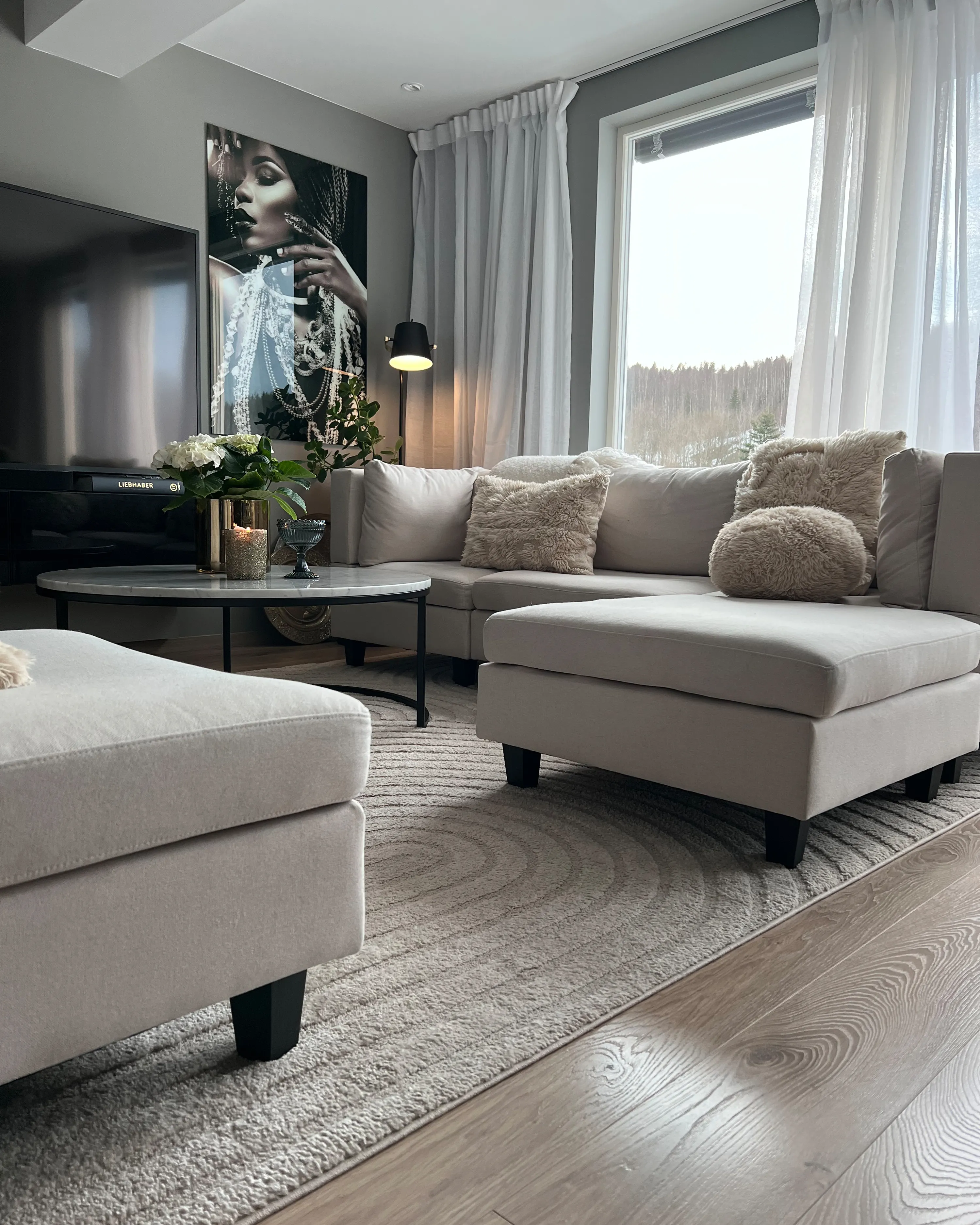 Modulaire U-vormige bank 5-zits UNSTAD Stof Lichtbeige met ottomaan