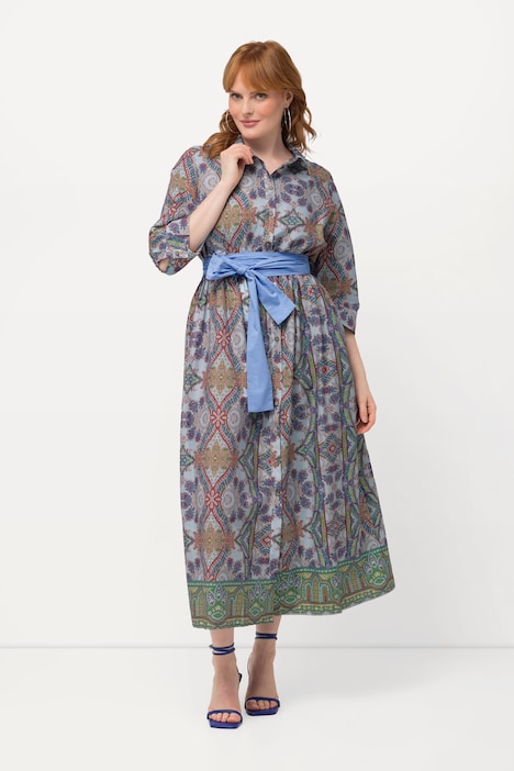 Hemdblusenkleid, Paisley, A-Linie, Rundhals, 3/4-Arm