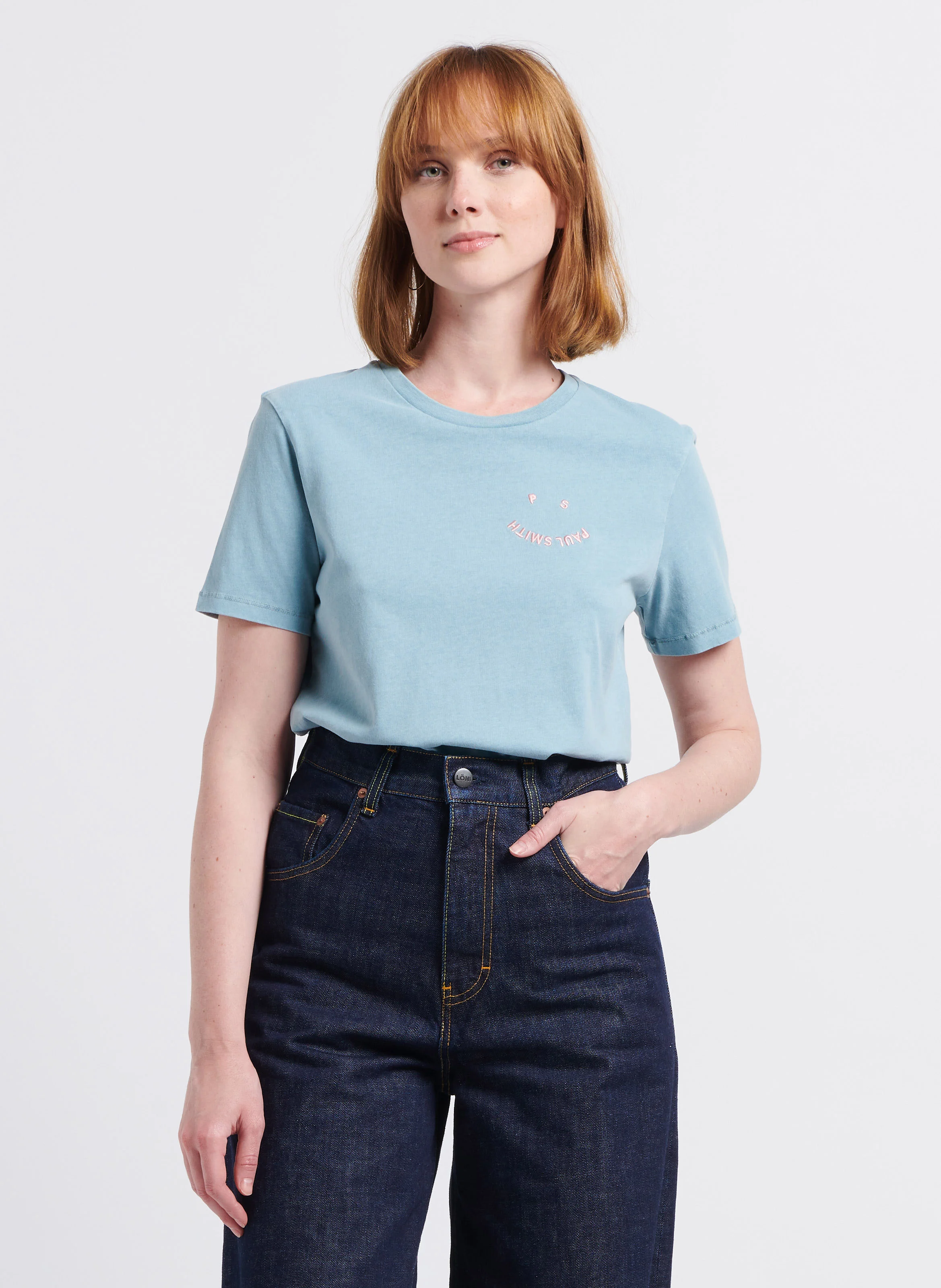 Tee-shirt col rond brodé en coton BIO | Bleu