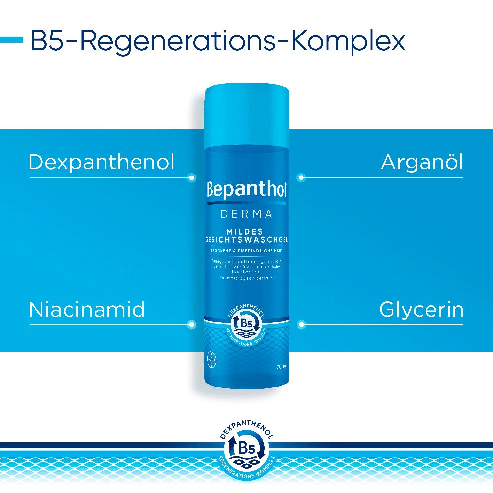 Bepanthol® DERMA Mildes Gesichtswaschgel, mildes Gesichtswaschgel für empfindliche und trockene Haut, dermatologisch getesteter Feuchtigkeitsspender mit Dexpanthenol