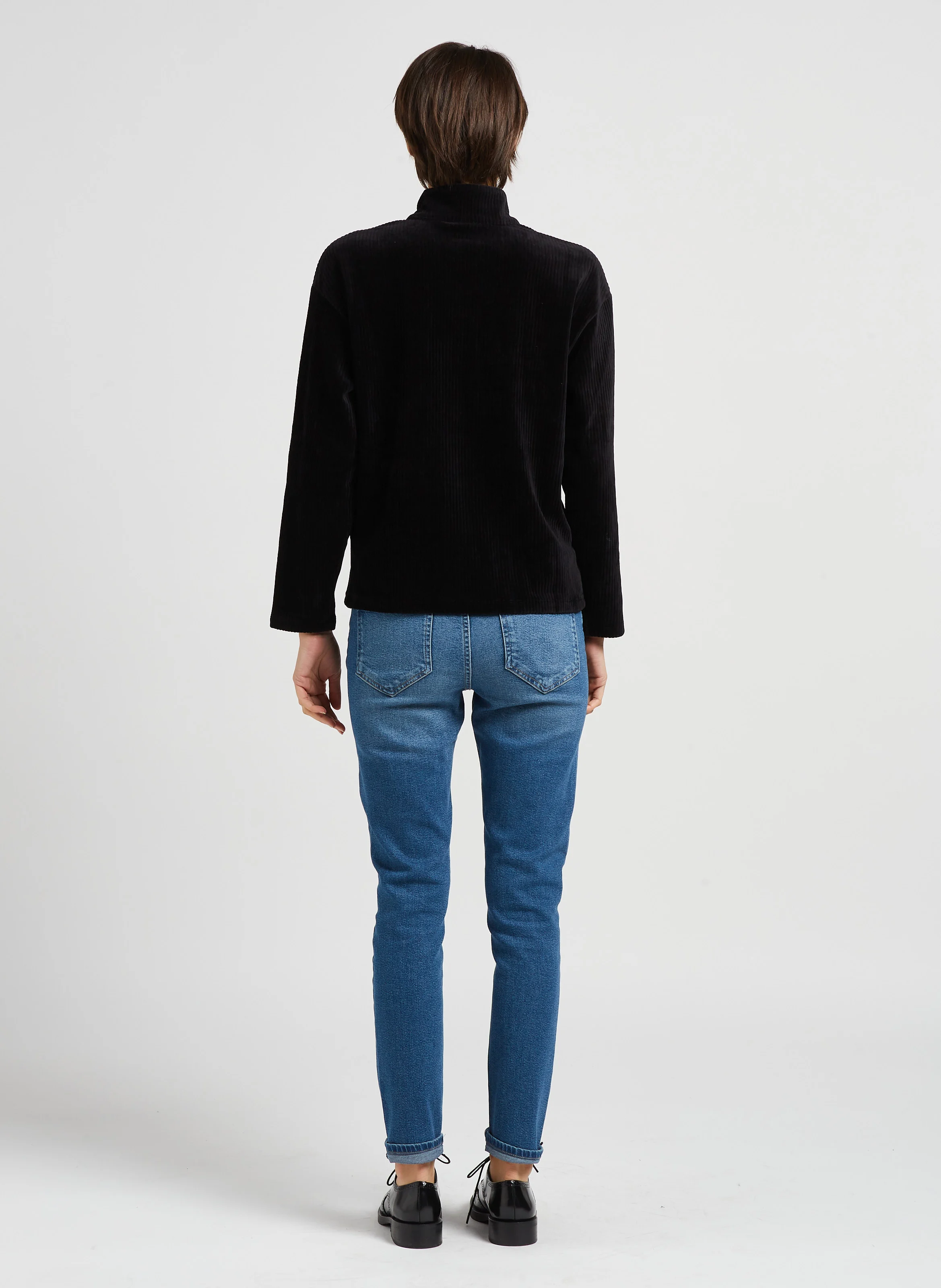 KITA - Pull col montant en velours de coton côtelé| Noir