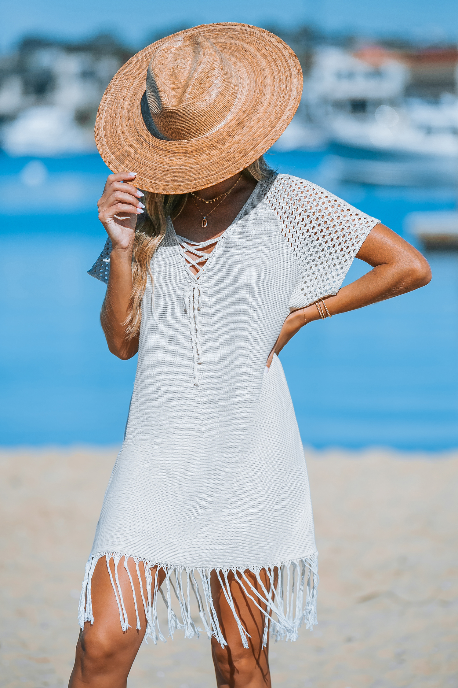 Robe cover up en crochet à lacer abricot