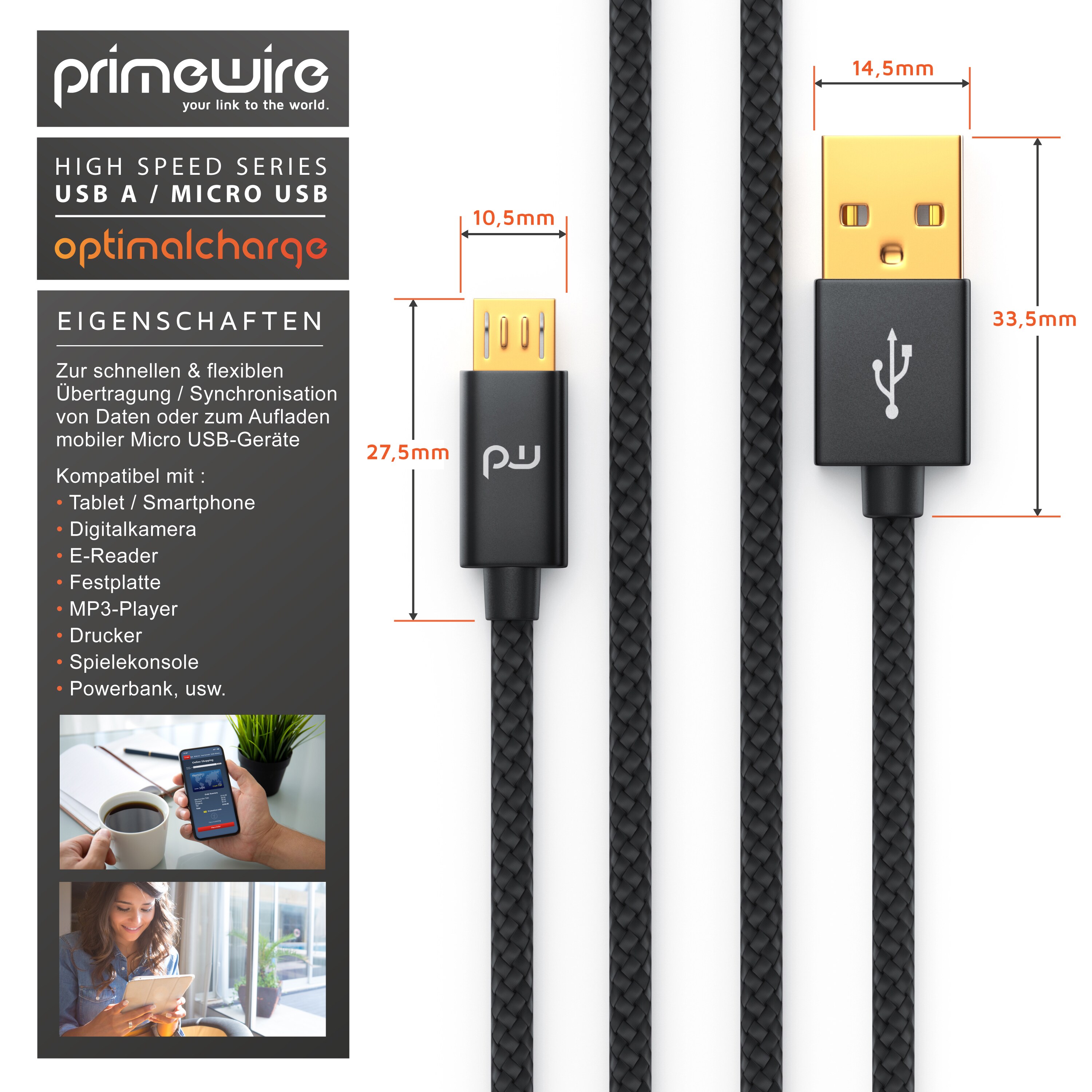 Primewire Premium Micro USB 2,4A Schnellladekabel - Nylonkabel Metallstecker - High Speed Ladekabel / Datenkabel - 3m
