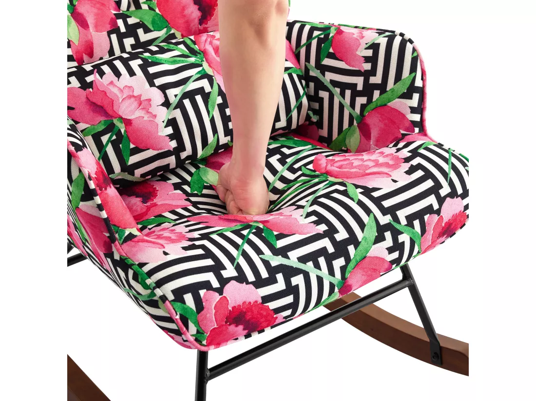 Fauteuil à bascule en velours avec cadre métallique et détails en bois