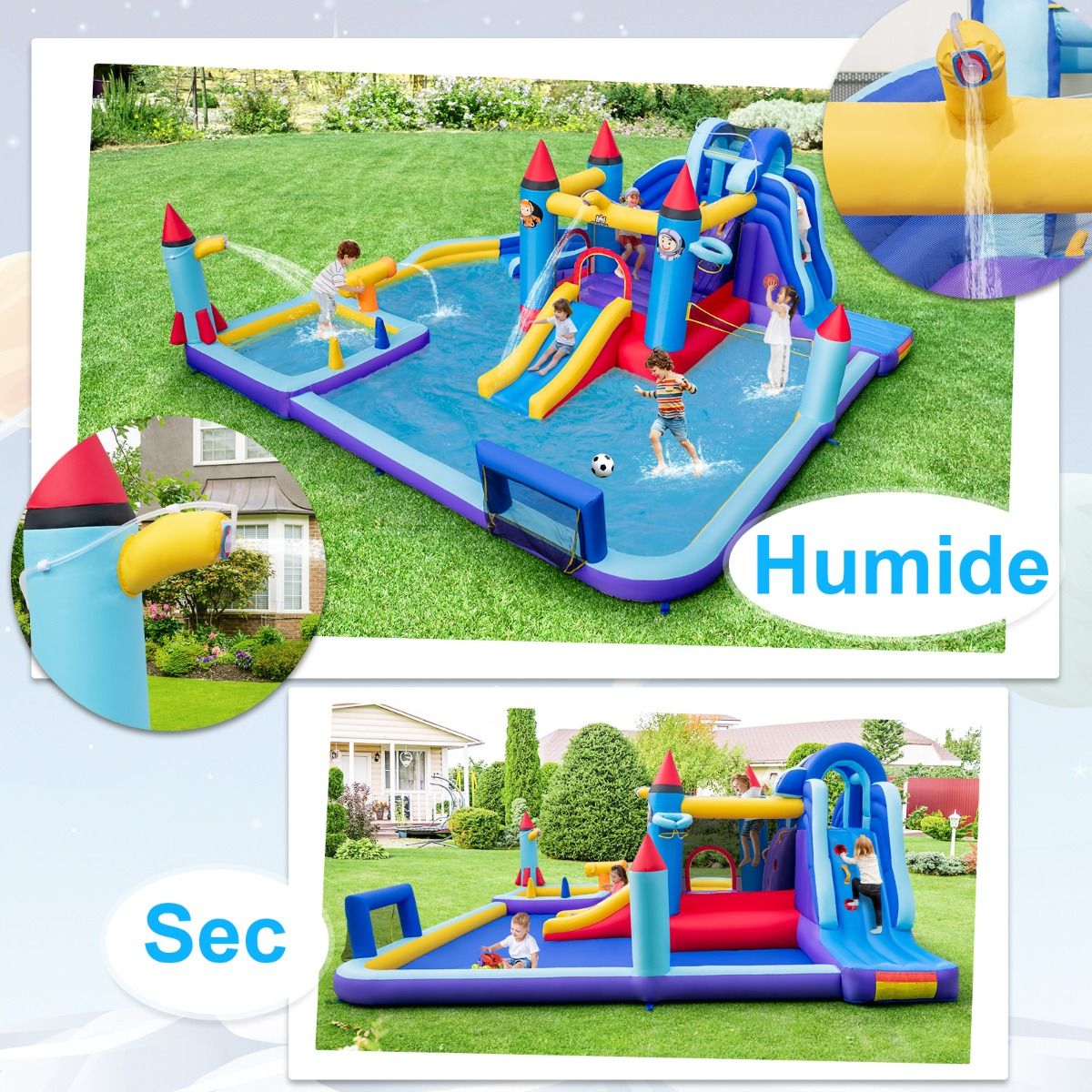 Château Gonflable à Toboggans Aquatiques Thème de La Fusée pour Enfants Piscine Zone de Saut Pistolet à Eau Escalade Souffleur de 850 W Multicolore - Lidl-Manfred