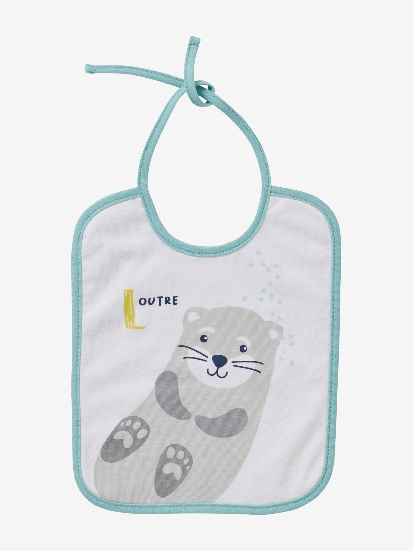 Conjunto de 7 babadores VERTBAUDET para bebês com animais marinhos, lisos, brancos com estampas.