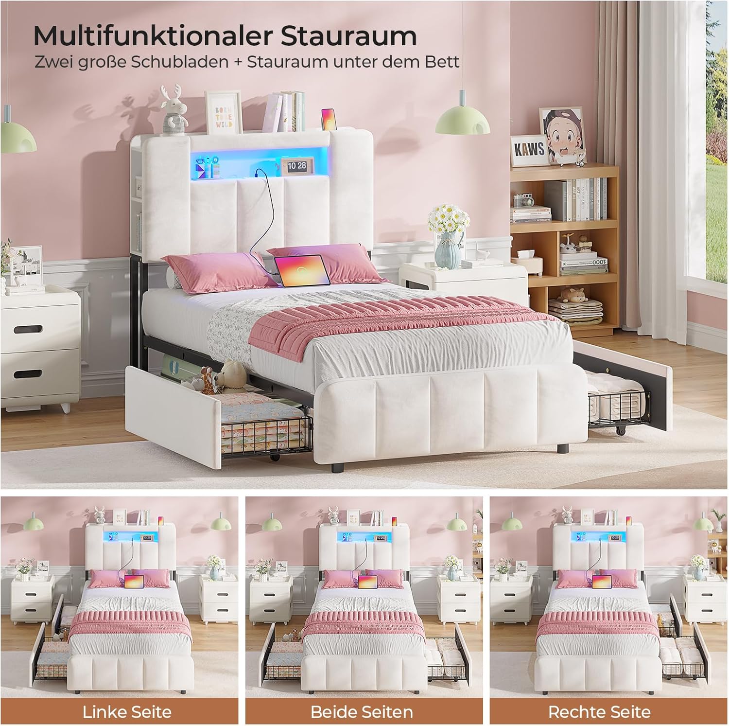 AOGLLATI Polsterbett 90x200 cm mit 2 Schubladen Bett 90x200 mit Stauraum Jugendbett mit LED-Beleuchtung und Ladestation Einzelbett mit Multifunktionales Kopfteil-Ohne Matratze,Beige Samt