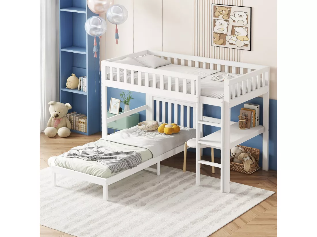 Lits superposés 2 x 90 x 200 cm avec bureau et échelle - bois massif + MDF - blanc (sans matelas)