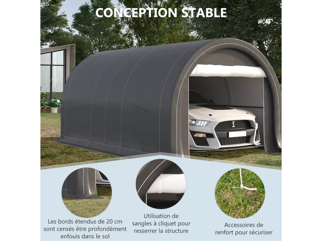 Tente garage carport dim. 5L x 3l x 2,4H m acier galvanisé robuste PE haute densité 190 g/m² imperméable anti-UV gris