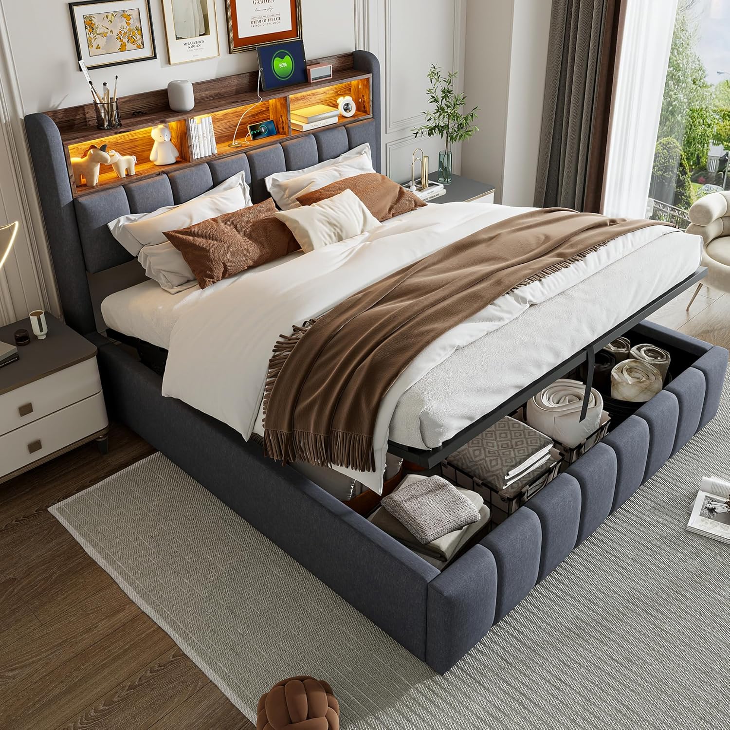 Bett 180x200 cm Polsterbett Doppelbett, Jugendbett Betten mit Stauraum, Kopfteil mit LED&USB und Regal, Hydraulisches Stauraumbett Bettgestell Bett mit Lattenrost, Leinen Grau, Ohne Matratze