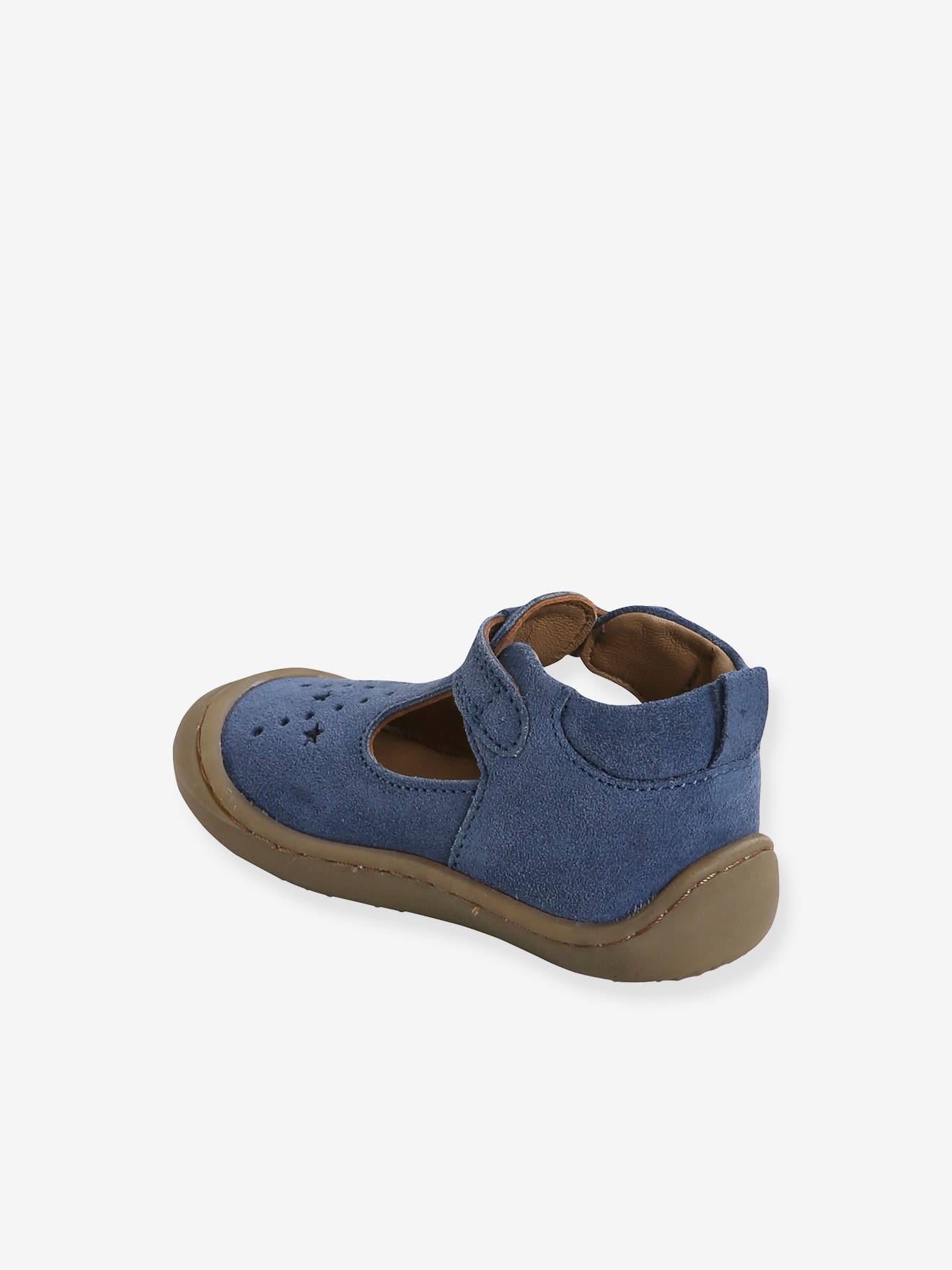 Sandálias de couro flexíveis para bebês, especialmente desenhadas para engatinhar, jeans azul.