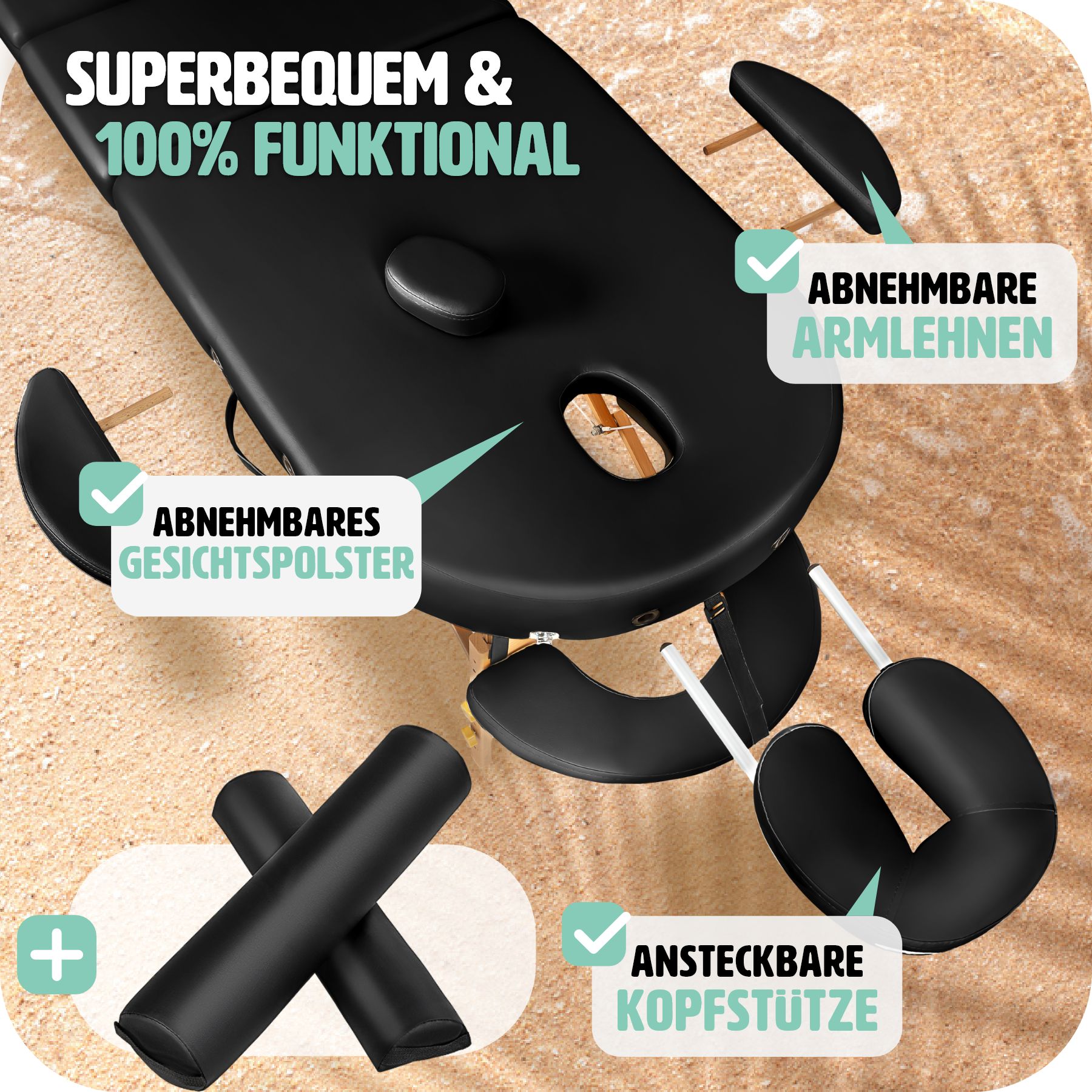 tectake® 3 Zonen Massageliege, inklusive Lagerungsrollen und Tragetasche, klappbar und höhenverstellbar, 230 x 104 x 62,5 - 85 cm