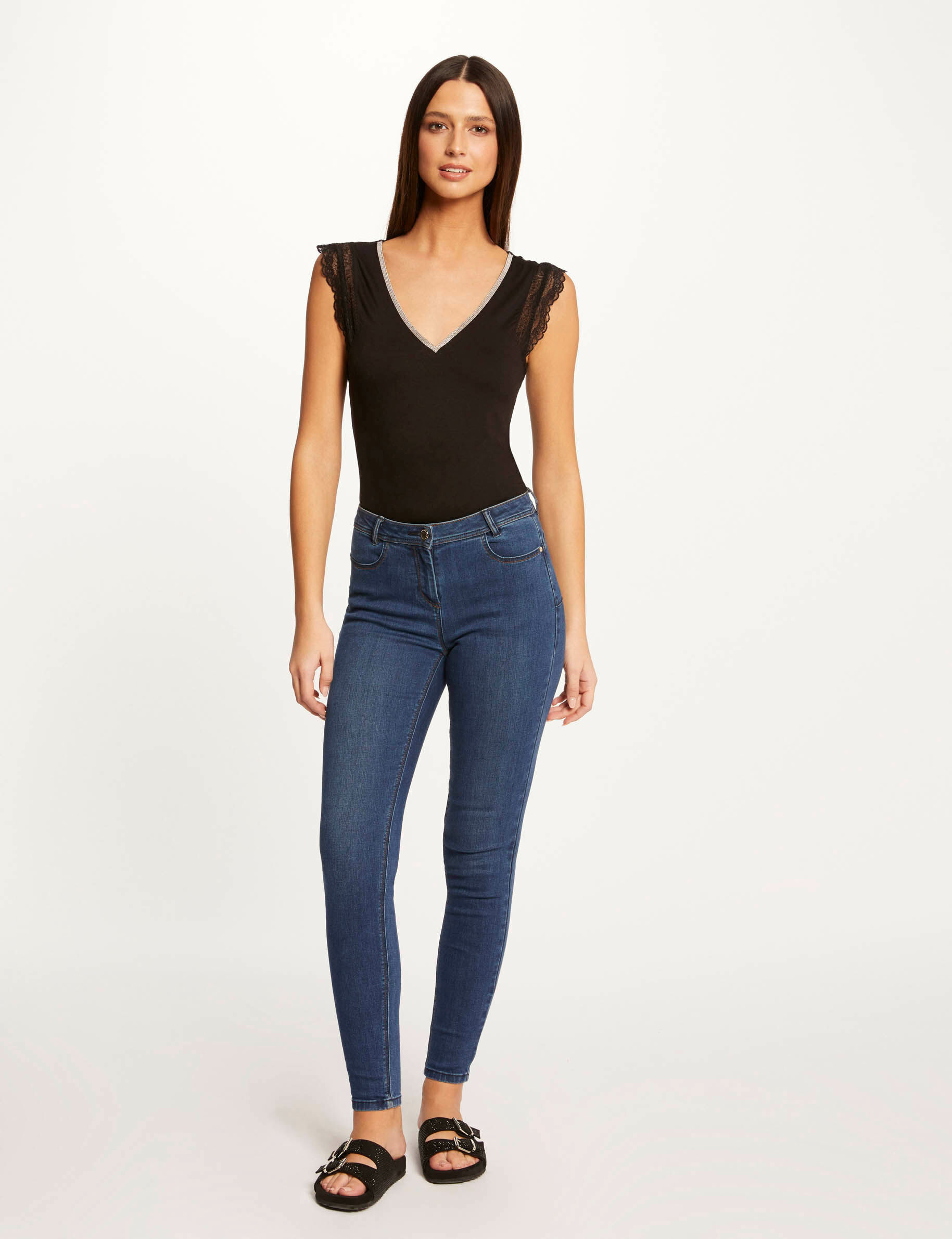 T-shirt manches courtes avec dentelle noir femme - noir