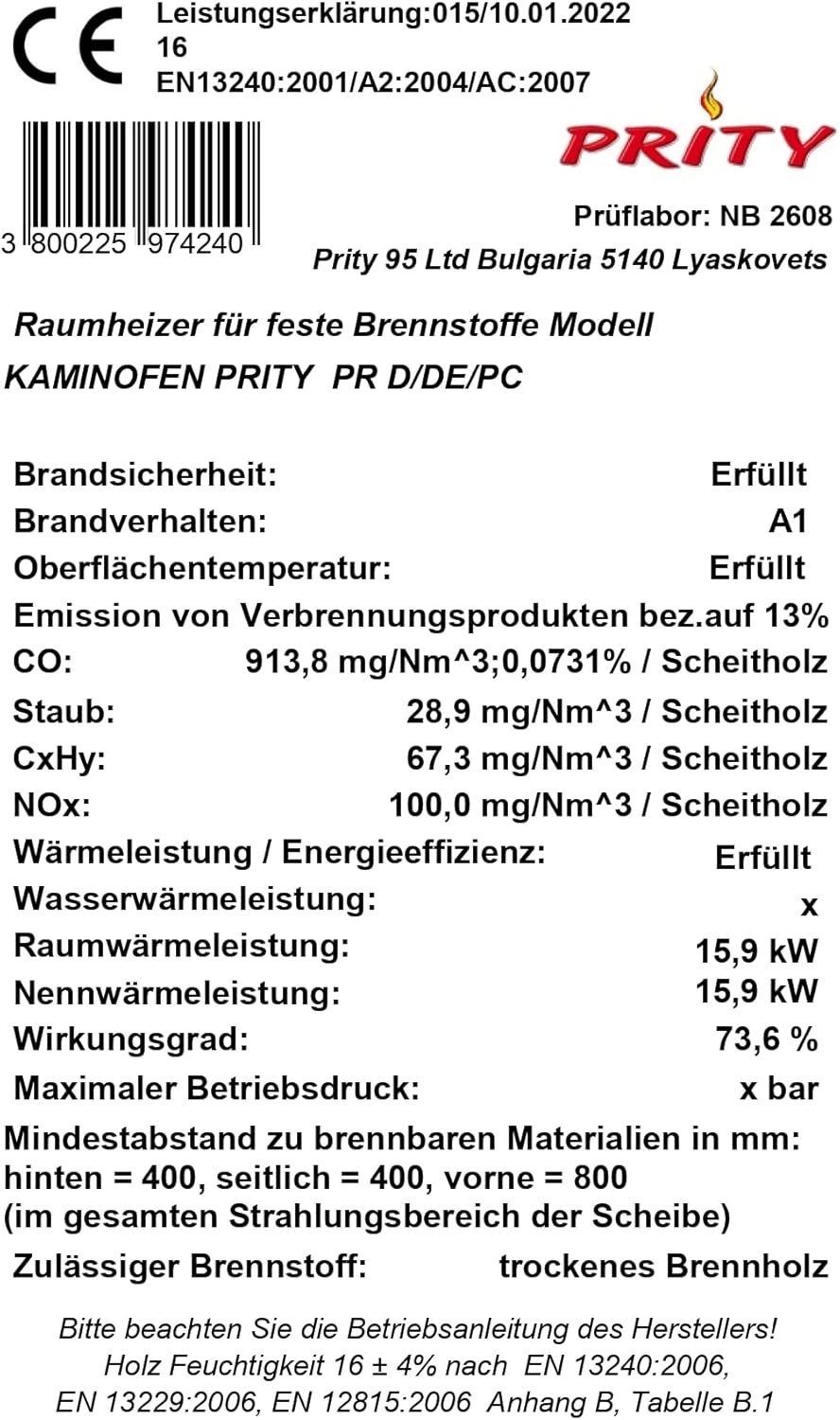 EEK A Kaminofen Prity D - 15 kw Schwarz