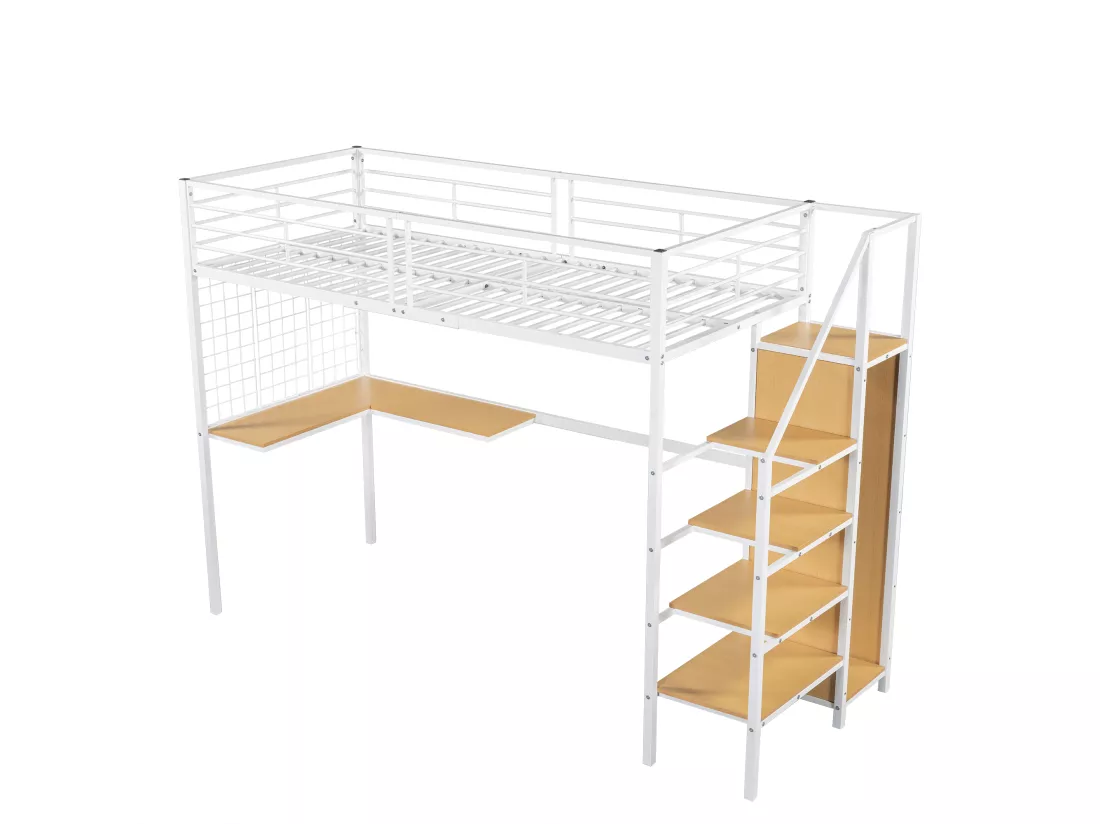 Lit superposé 90x200 cm - avec bureau et armoire - en fer et panneaux de particules - Blanc