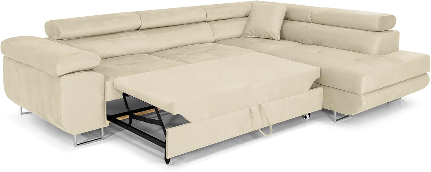 Ecksofa mit Schlaffunktion PASTI L-Form, Sofa Couch mit Bettkasten, 3-Sitzer Eckcouch, Schlafsofa für Wohnzimmer, Big Sofa Couch mit Schlaffunktion (Beige, Ottomane Rechts)
