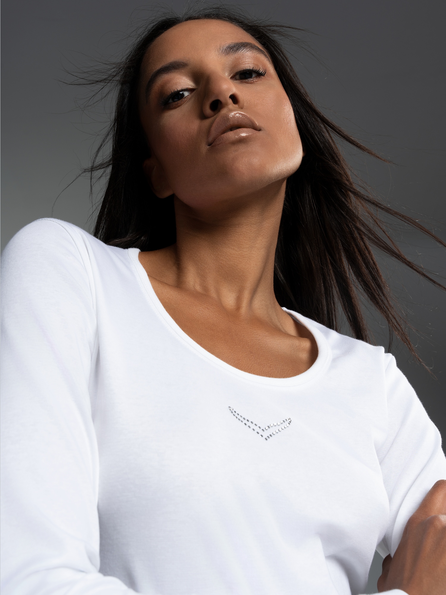 Langarmshirt mit Kristallsteinen Weiss