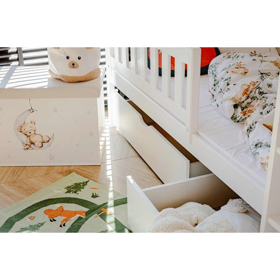 Kids Collective Hochbett 80x180 | 90x200 Etagenbett mit 2 Schubladen, Lattenrost, Rausfallschutz weiß mit Schublade