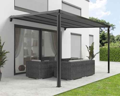 Pergola met stoffen dak 3,94x3,94, doek effen antraciet, frame RAL 9011 grafietzwart, inclusief motor, afstandsbediening en LED-verlichting (wandmontage)