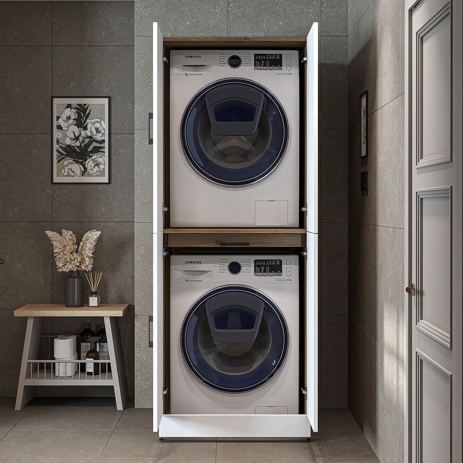 ROOMART Dora Armoire de machine à laver, pour sèche-linge et machine à laver, en 4 couleurs, avec portes et planche coulissante (chêne anthracite)