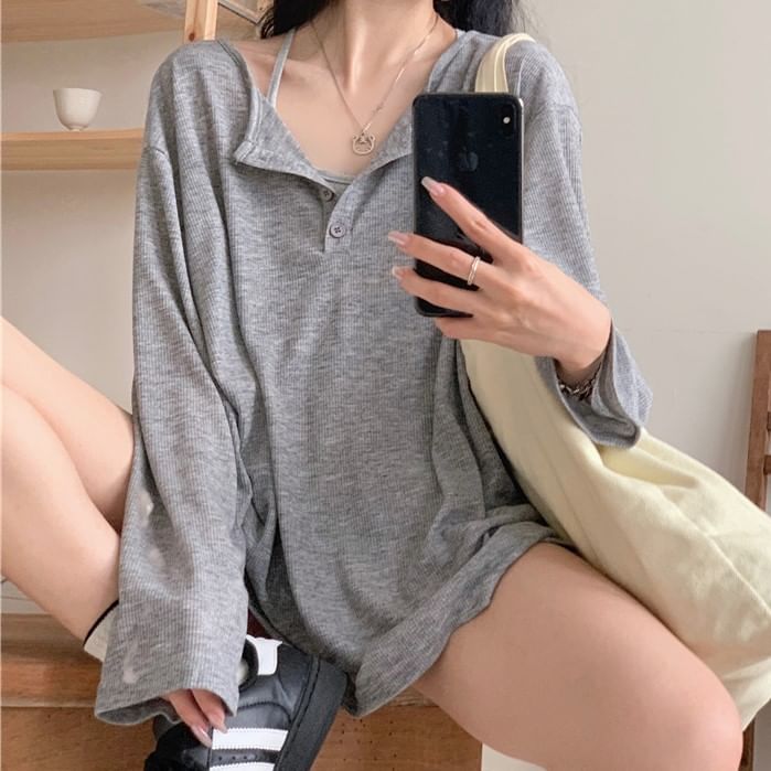 Monroll - Effen Henley T-shirt met lange mouwen