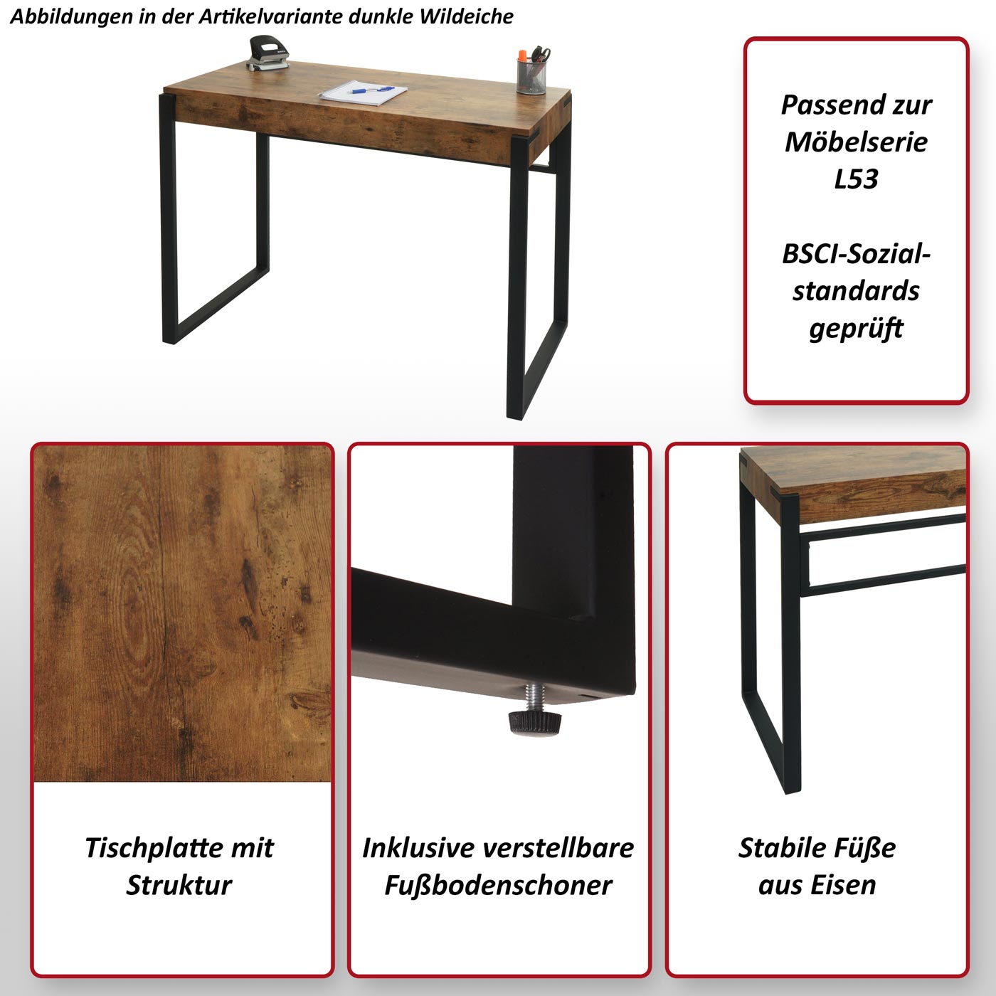 Schreibtisch MCW-L53, Bürotisch Computertisch Arbeitstisch, Metall 100x54cm ~ dunkle Wildeiche