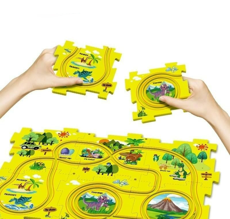 (27-tlg. Set) Puzzle Auto Rennbahn DIY Kinder Rennstrecke Spielzeug inkl. Auto (Batteriebetrieben) - Dino Park