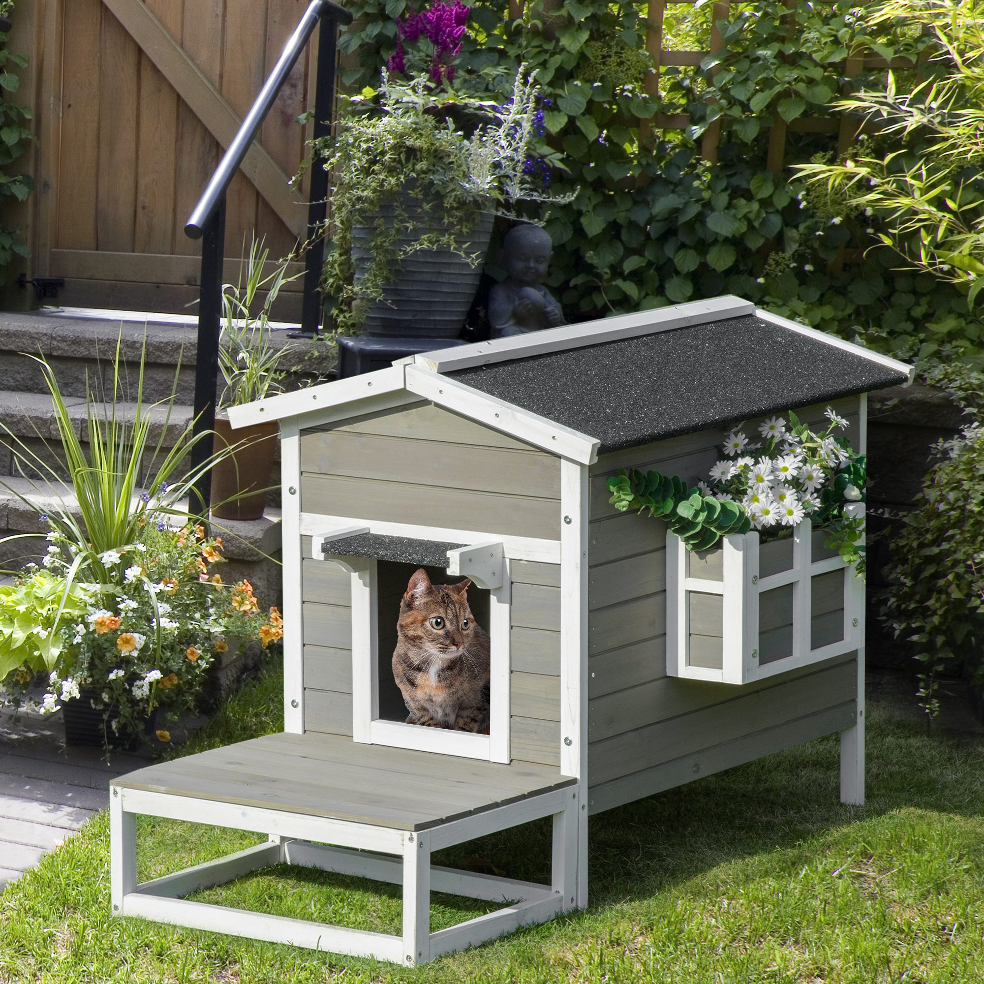 PawHut Katzenhaus mit Terrasse und Balkon grau, weiß 115 x 66,5 x 74,7 cm (LxBxH)