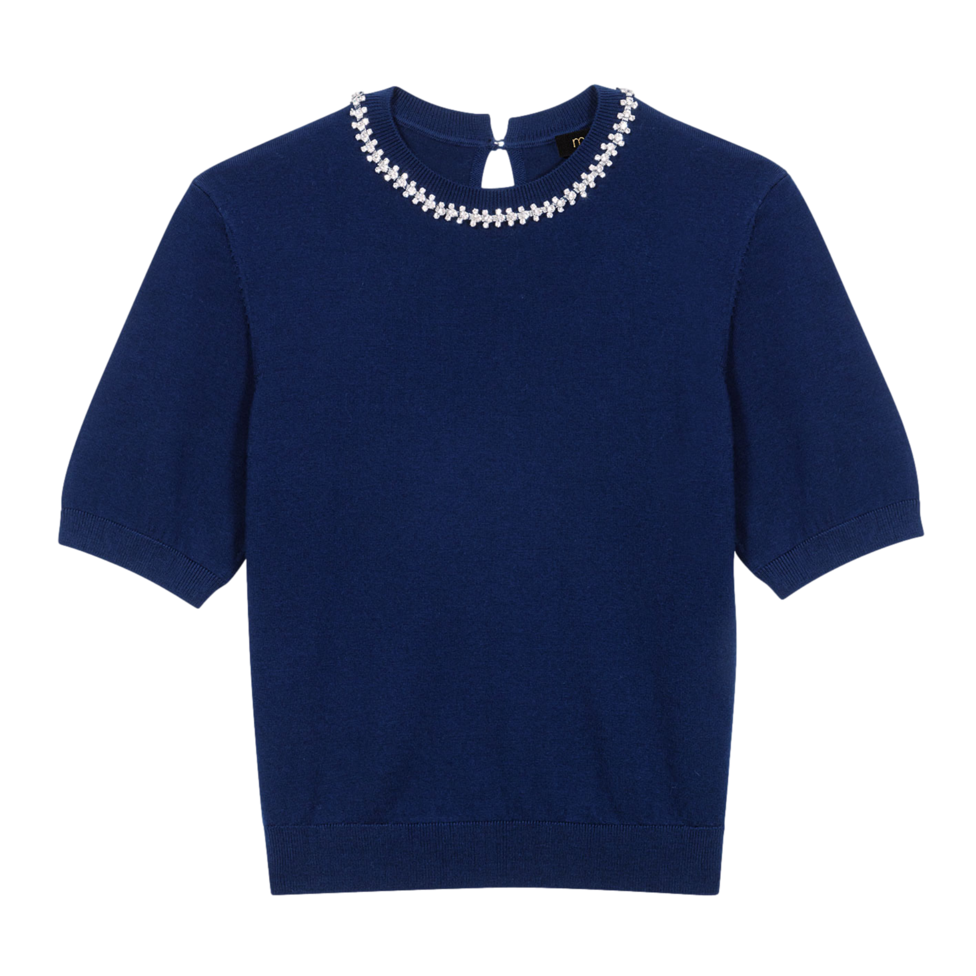 Top droit col rond à strass en laine mélangée | Bleu