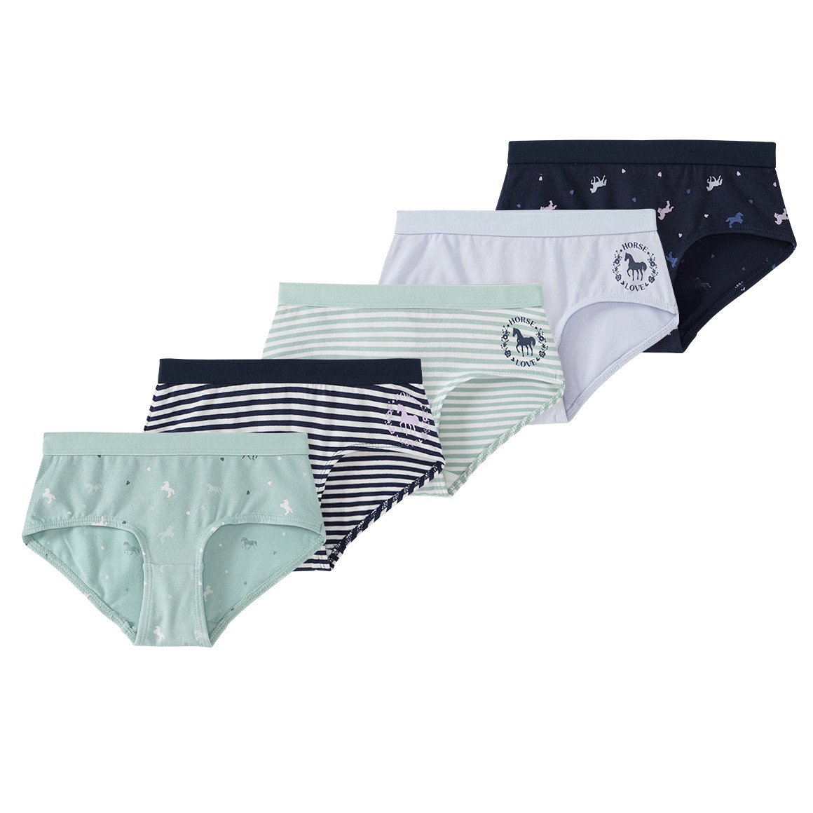 Yigga 5 Mädchen Pantys mit Pferde-Motiven salbei / hellblau / dunkelblau