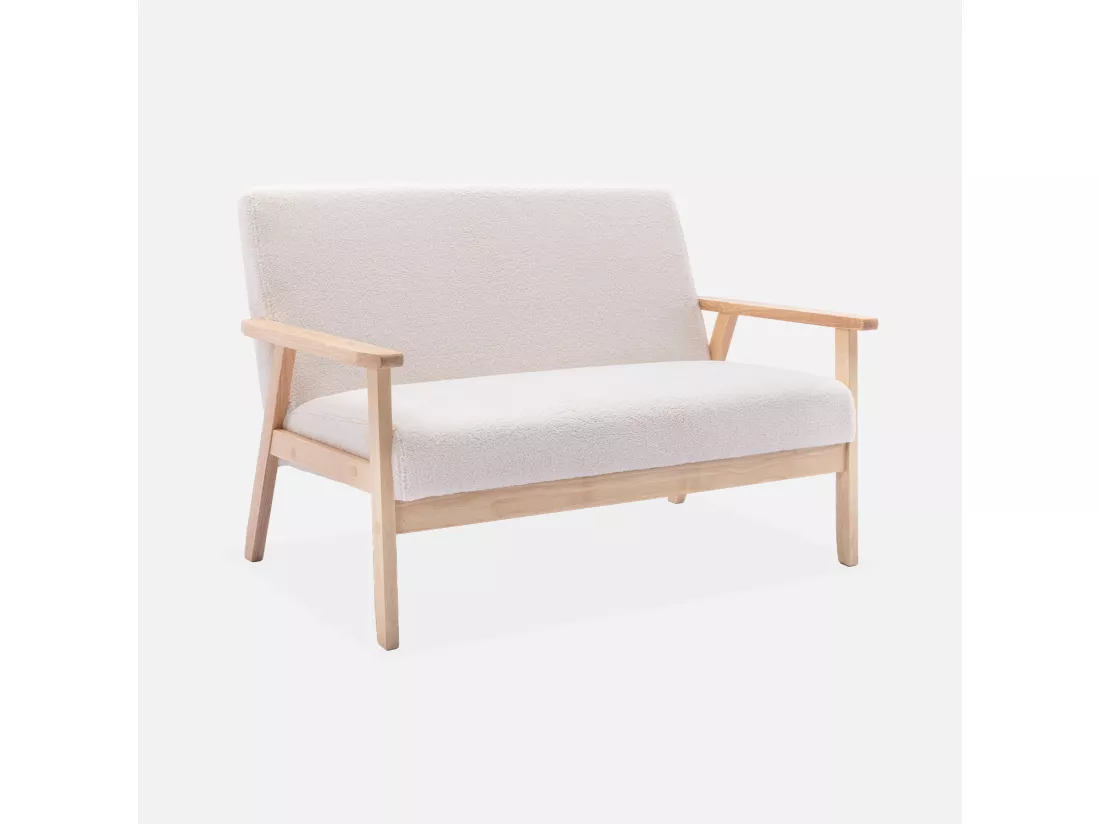 Banquette canapé en bois et tissu bouclette. Isak. L 114 x P 69.5 x H 73cm